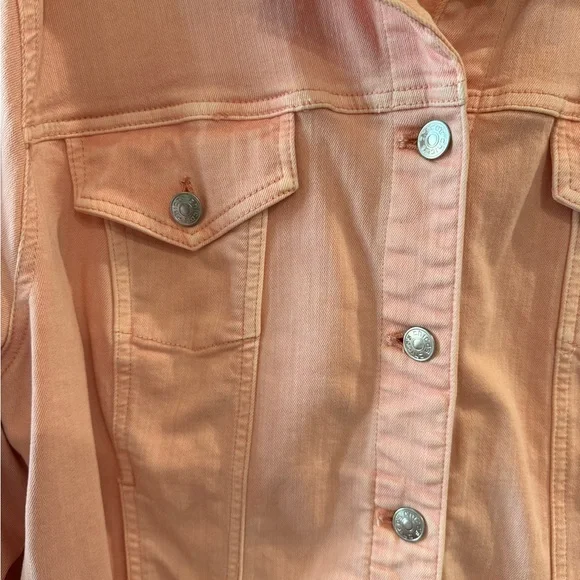 Chico's Soft Pink Denim Jacket with Frayed Peplum Hem - Picture 2 of 7